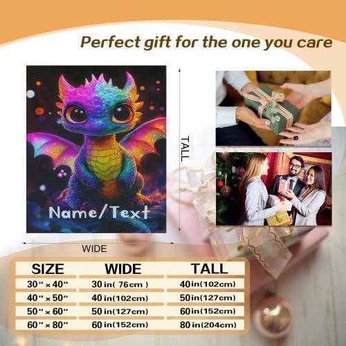 Rainbow dragon blanket mockup with Name/Text, size chart, and gift lifestyle photos