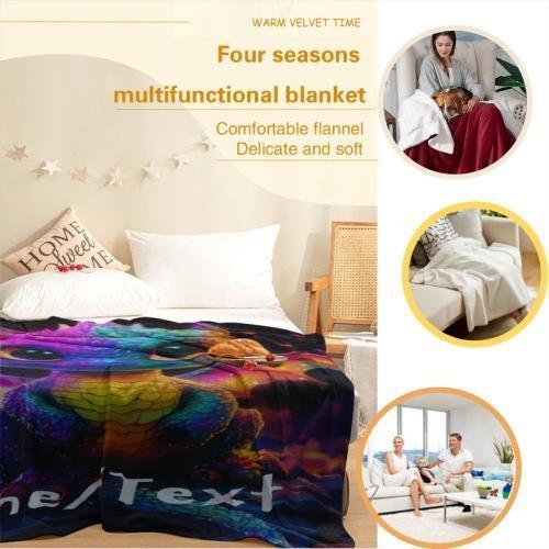 Rainbow dragon blanket draped in a room scene with Name/Texf across the bottom