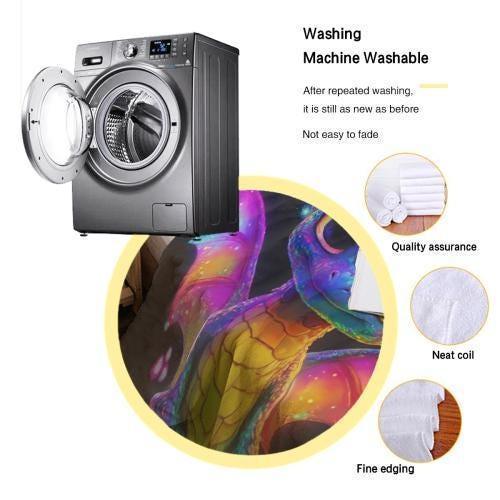 Rainbow dragon blanket care panel with washing-machine icon and soft flannel notes
