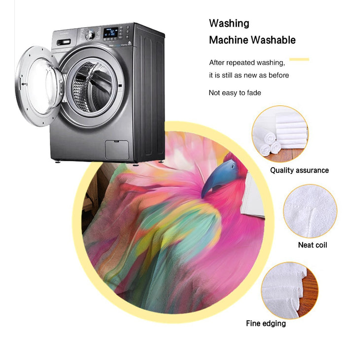 Rainbow parrot themed blanket fabric with vibrant multicolor feather print.