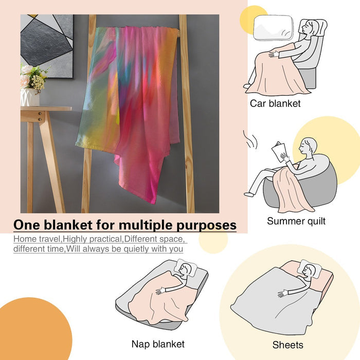 Multicolor rainbow parrot blanket shown folded and hanging.