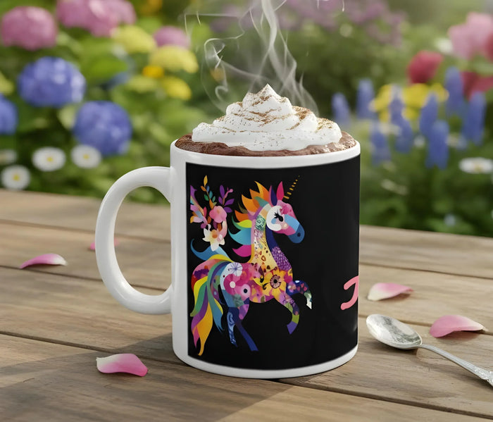 Black ceramic mug with rainbow unicorn illustration, white handle, topped with foam