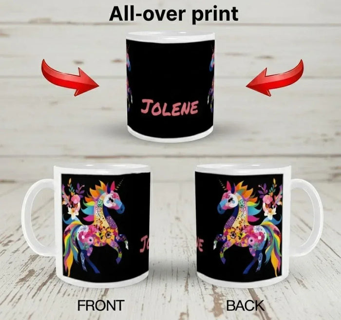 Black mug with colorful unicorn graphic; name text 'JOLENE' on front