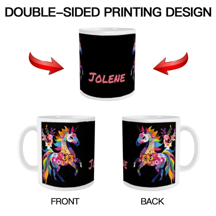 Black ceramic mug with rainbow unicorn graphic; front and back views shown
