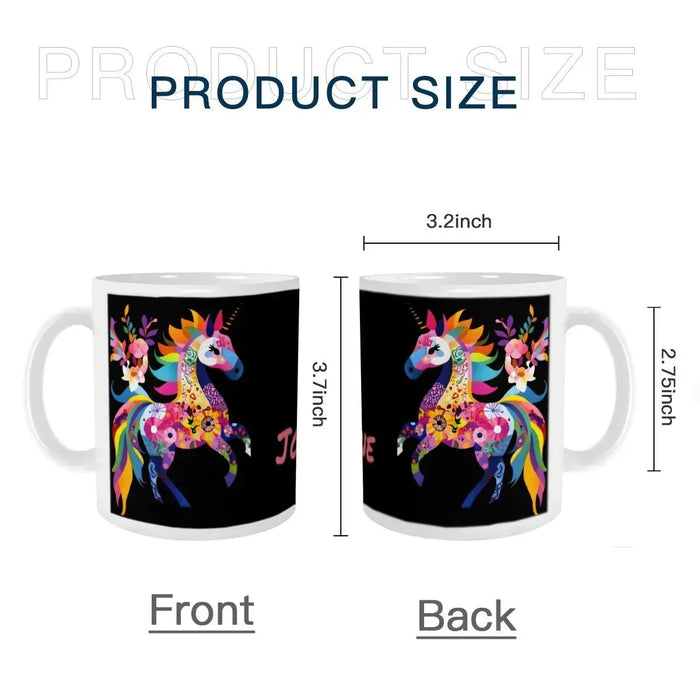 Black ceramic mug size diagram with rainbow unicorn design, front and back