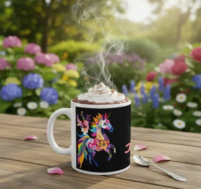 Black ceramic mug with rainbow unicorn illustration, white handle, on outdoor table