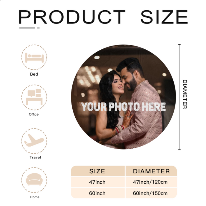 Round personalized photo blanket, size chart graphic showing 47 in and 60 in diameters