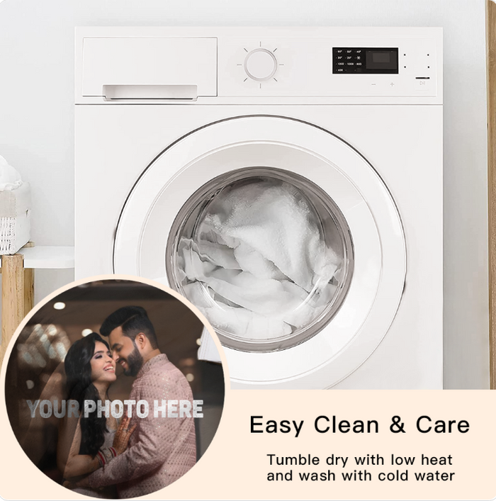 Round personalized photo blanket shown with care instructions and washing machine