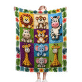Safari animal name blanket in multicolor grid with lion, panda, elephant, giraffe