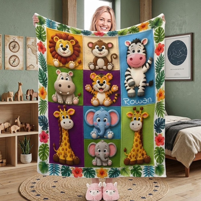 Kids safari animal name blanket with 3D cartoon lion, monkey, elephant, giraffe squares