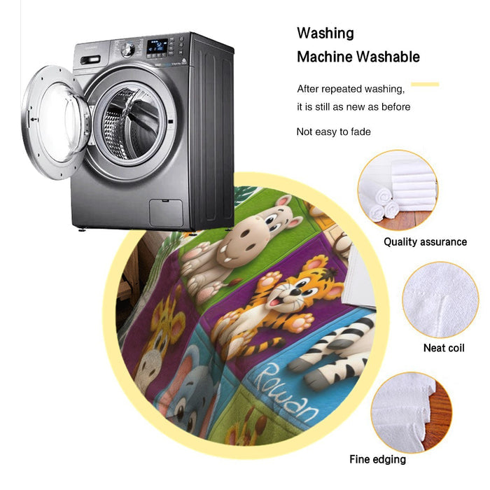 Safari animal blanket in wash setting, multicolor grid with lion, elephant and zebra