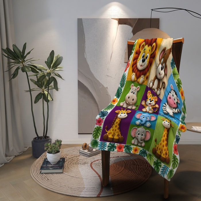 Safari animal name blanket draped on wooden chair, multicolor safari animal grid