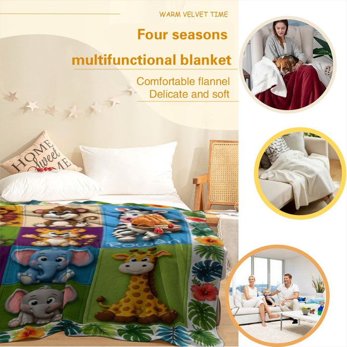 Safari animal blanket corner on bed, colorful grid with lion and giraffe figures