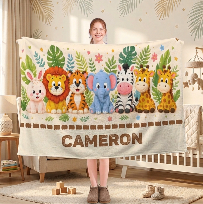 Personalized safari animal blanket with jungle border and name “CAMERON”