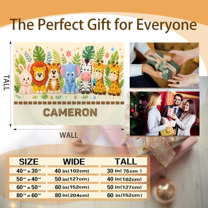 Kids gift blanket featuring safari animals, jungle border, and name “CAMERON”