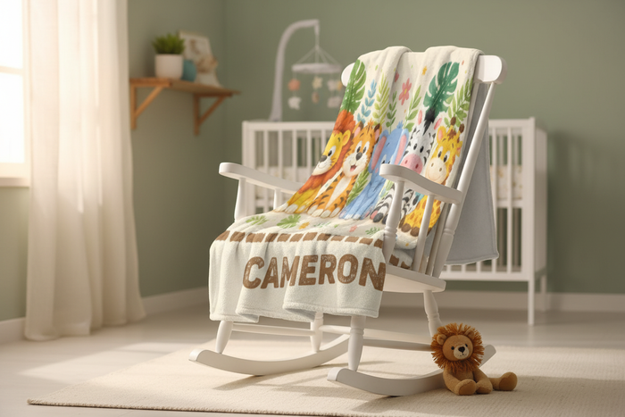 Personalized safari animal blanket on a chair with “CAMERON” lettering