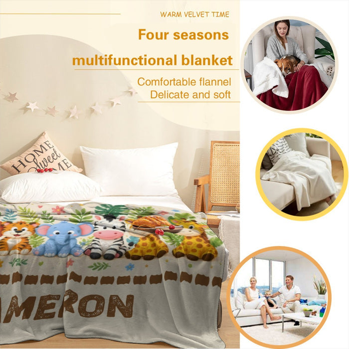 Flannel blanket with animal print and partial name “MERON” in large letters