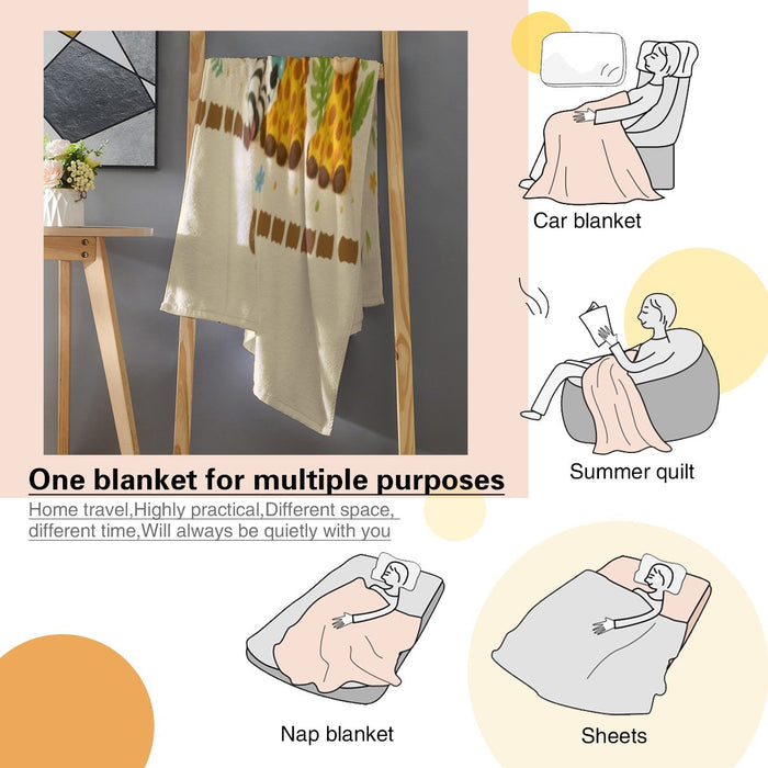 Safari themed blanket with animal print, shown folded with decorative border edge