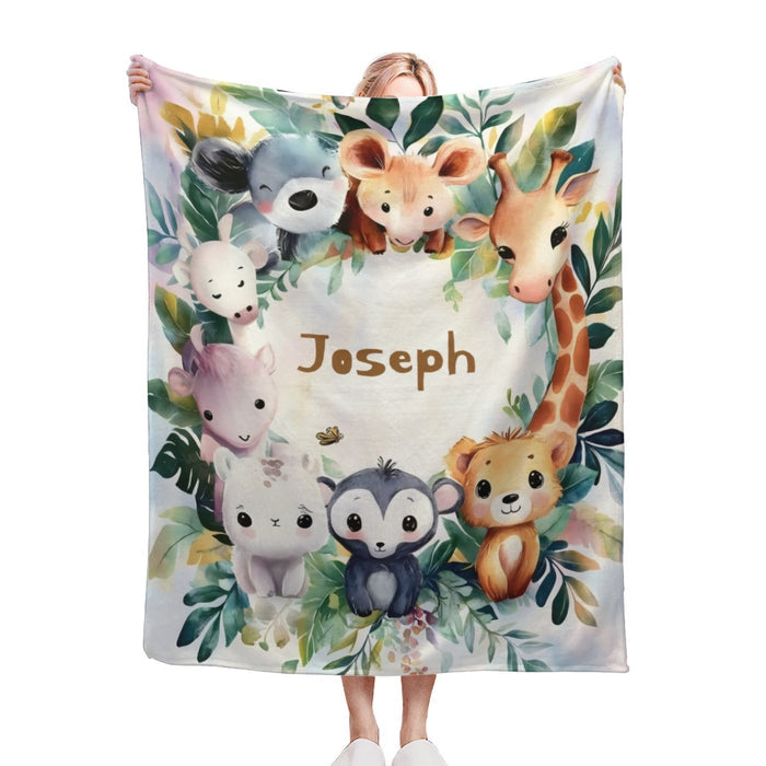 Personalized safari animals blanket with “Joseph” name and jungle animal illustrations
