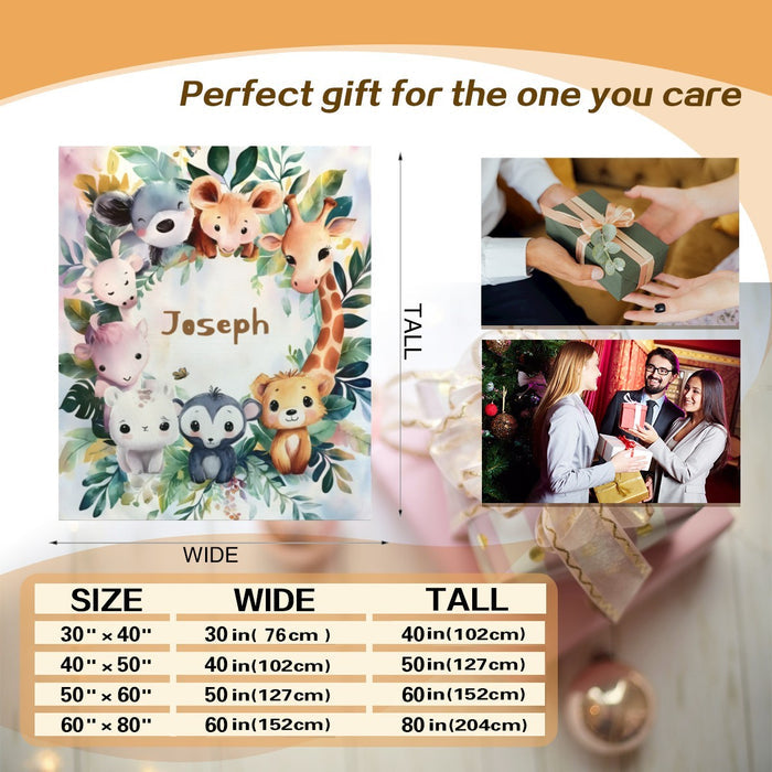 Personalized safari animals blanket with “Joseph” name, gift and size chart layout