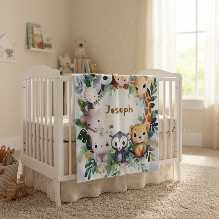 Personalized safari animals baby blanket with “Joseph” name draped on crib