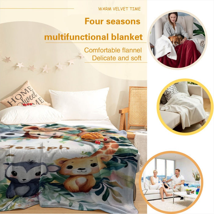 Personalized safari animals blanket with “Joseph” name shown on a bed surface
