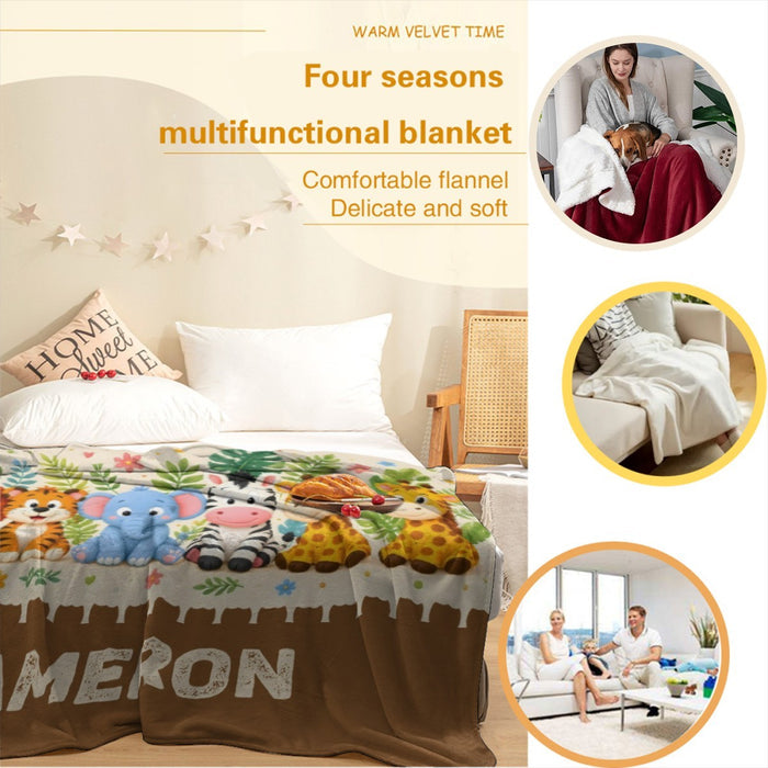 Safari animal blanket on bed with brown lower panel and white fabric top