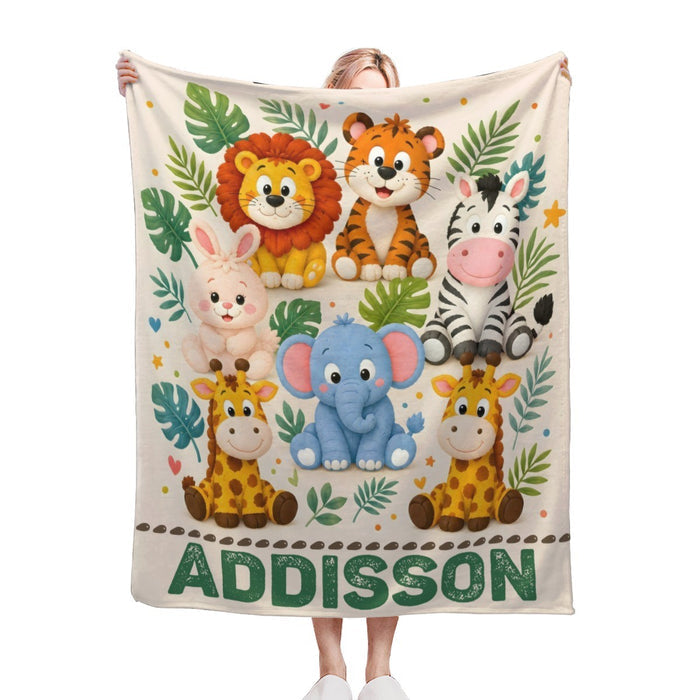 Personalized safari name blanket with lions, tigers, zebra, elephant and “ADDISSON”