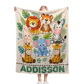 Personalized safari name blanket with lions, tigers, zebra, elephant and “ADDISSON”