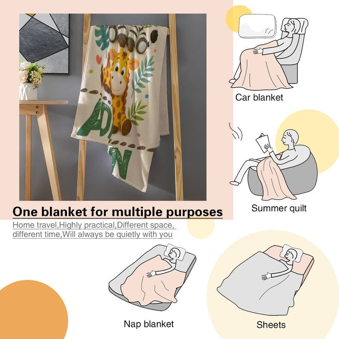 Safari animal personalized blanket hanging, with “ADDISSON” text and jungle character print
