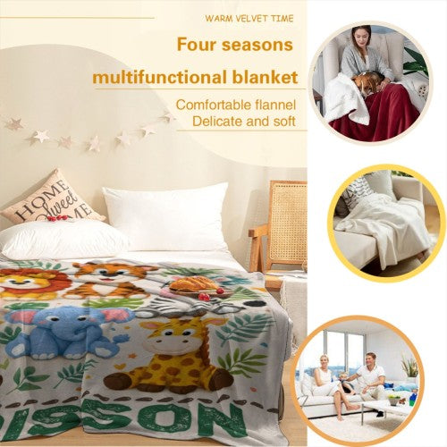 Personalized safari name blanket on bed with jungle animals and “ADDISSON”