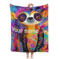 Custom sloth blanket with bright floral pattern and “Your name” printed on it