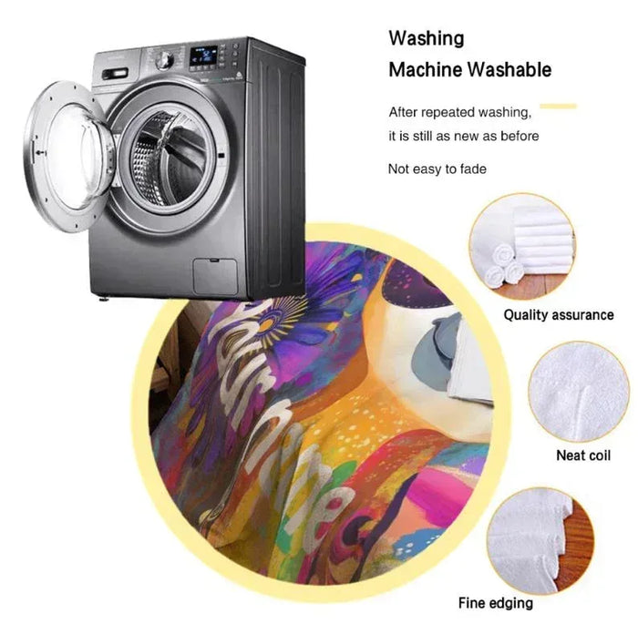 Sloth flannel blanket fabric with colorful floral artwork and multicolor swirls