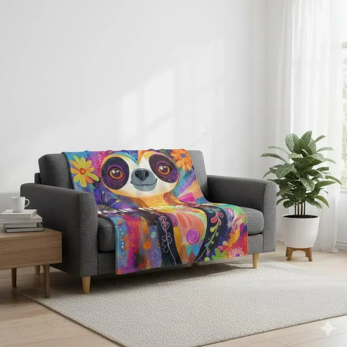 Multicolor sloth blanket folded on a sofa, tropical floral print visible