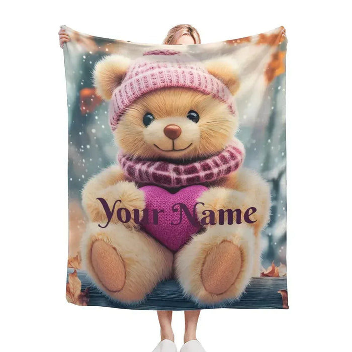 Personalized teddy bear plush blanket with knit hat and scarf, “Your Name” printed.