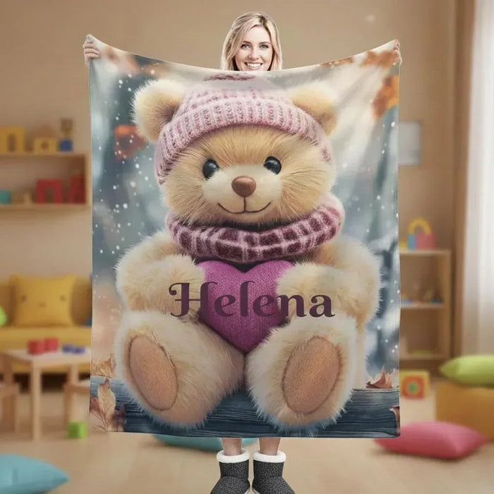 Personalized teddy bear plush blanket with knit hat and scarf, name Helena printed.
