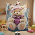 Personalized teddy bear plush blanket with knit hat and scarf, name Helena printed.