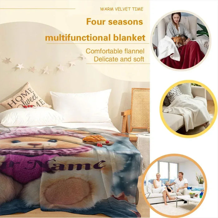 Teddy bear plush blanket with flannel-fleece look, spread on a bed.