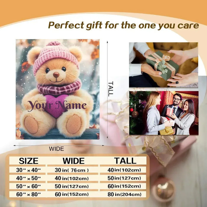 Teddy bear plush blanket with knit hat and scarf, personalized name printed.