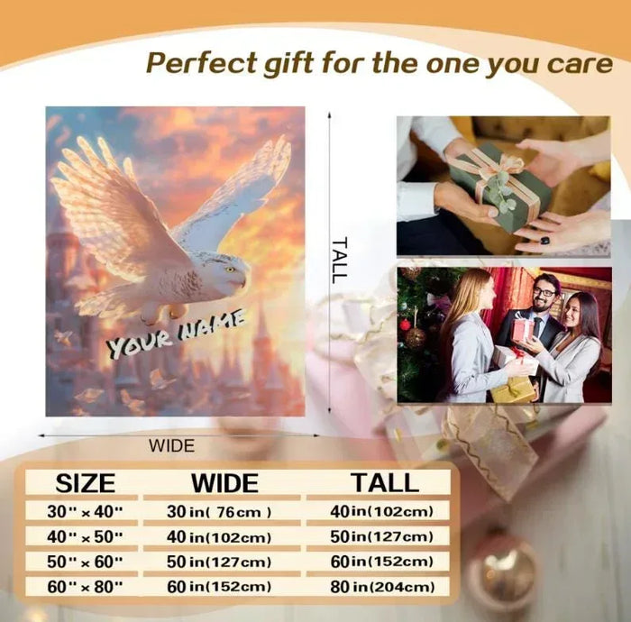 Personalized fleece blanket gift layout with bird design, 'YOUR NAME', and size table