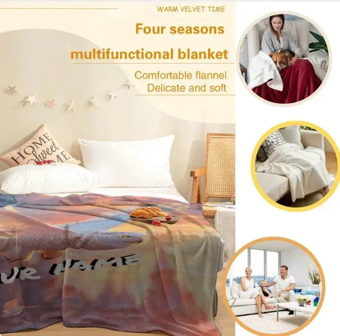 Flannel blanket on bed, multicolor bird artwork styled for all-season comfort