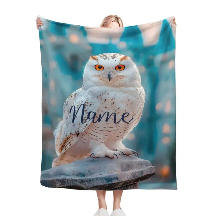 Personalized owl blanket with “Name” text, blue and white owl illustration