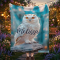 Personalized owl throw blanket with large white owl and dark script name