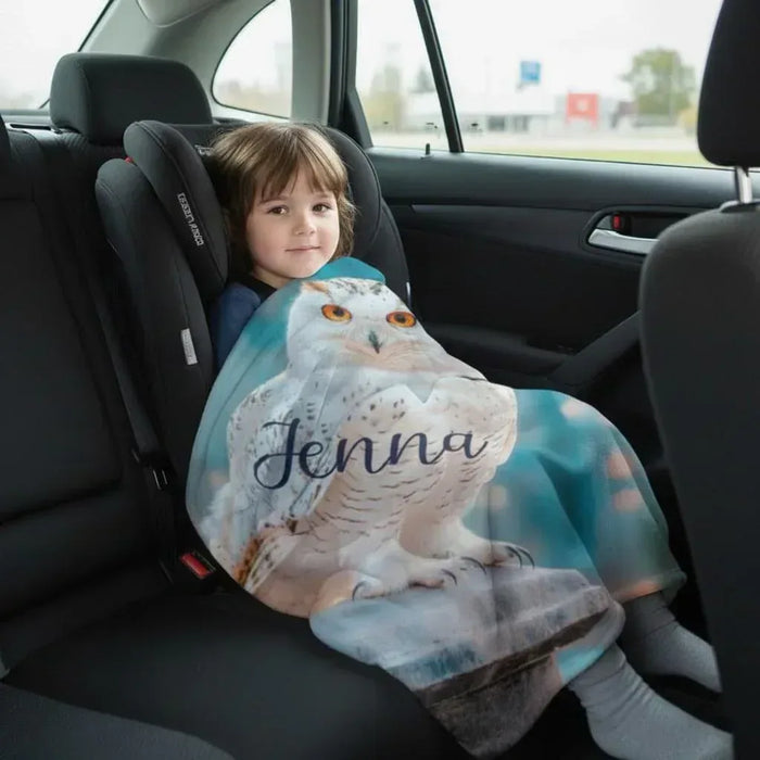 Personalized owl blanket with “Jenna” name text, blue-and-white owl artwork