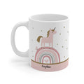 White ceramic mug with pink rainbow and unicorn, personalized with name Sophia