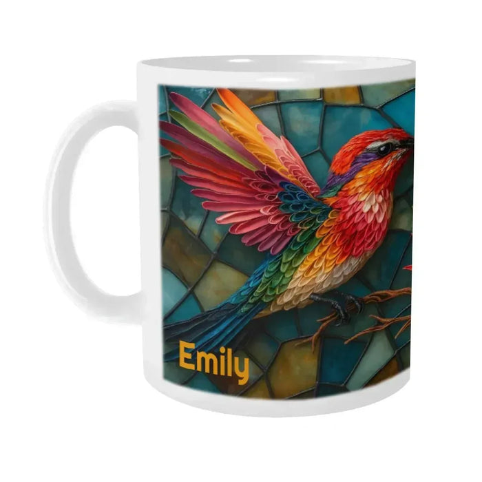 Ceramic coffee mug with stained-glass hummingbird and name Emily, side view