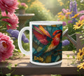 White ceramic coffee mug with stained-glass hummingbird art and handle; name Emily