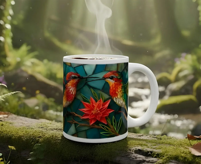 White ceramic coffee mug with stained-glass hummingbird art and red flower; side view