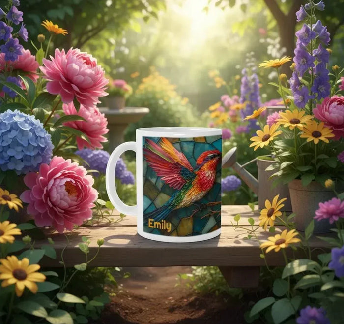 White ceramic coffee mug with stained-glass hummingbird art and handle; name Emily