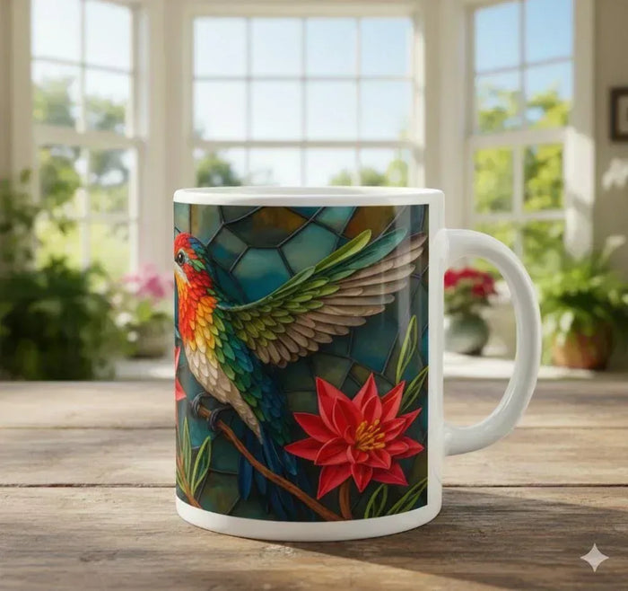 White ceramic coffee mug with stained-glass hummingbird wings and red flower; front view